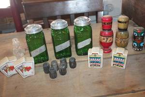 lot 2948 image: Antique Green Glass Shakers and More