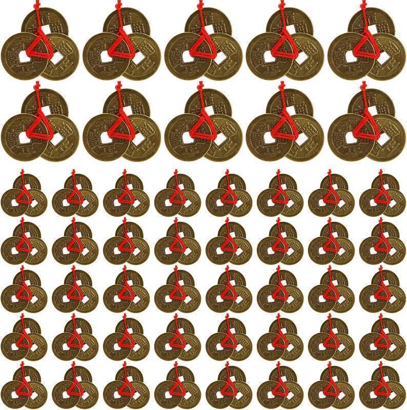 lot 64013 image: Peohud 150 Pieces Chinese Fortune Coins, 1 Inch Feng Shui Coins, Ancient Chinese Dynasty Coin with Red String for Chinese Lunar New Year Wealth, Good luck, and Success, 50 Sets Coins