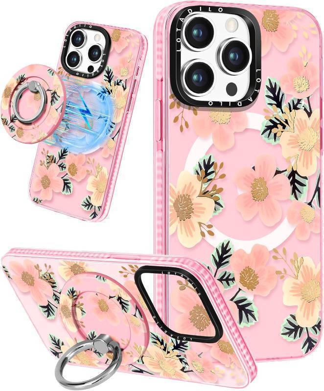 lot 64240 image: Lotadilo Cute Case for iPhone 11 Pro Max for Women Girls - Funny Design Compatible with Magsafe Magnetic Ring Holder Kickstand Cherry Blossom Pattern TPU Phone Covers for iPhone 11 Pro Max Phone Case