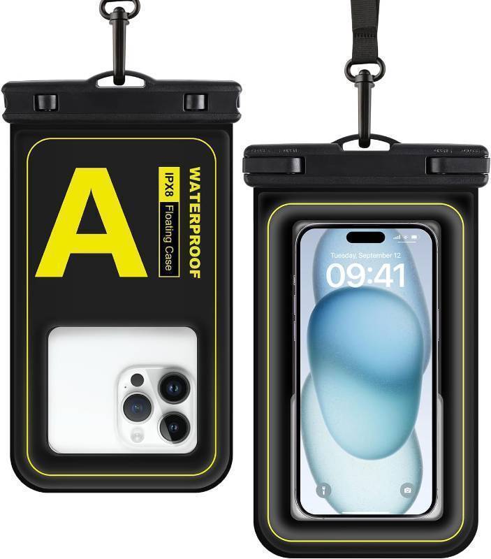 lot 65352 image: Waterproof Phone Pouch, IPX8 Floating Waterproof Phone Case Fits 7  Phones, Letter Design Waterproof Bag Cruise Ship Travel Beach Essentials Black