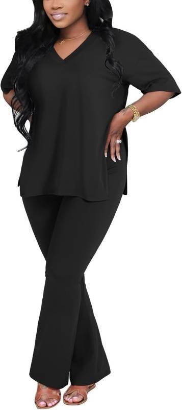 lot 2010 image: Womens 2-Piece Summer Outfit 2025 - V-Neck Oversized Top & Flare Pants COLOR IS PINK SEE PHOTOS  SMALL