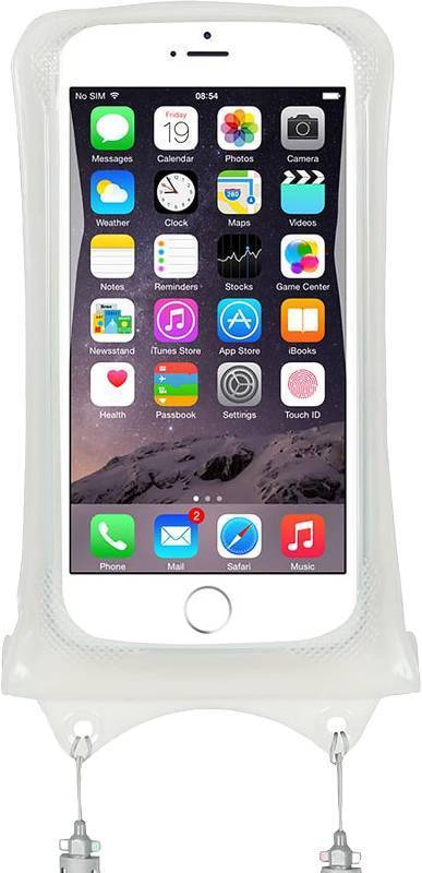 lot 65792 image: AquaVault Floating Waterproof Phone Pouch Case Universal for iPhone Android  White. Floats and keeps phones and cash dry. Heavy-duty PVC, drop protection, adjustable neck strap. Fits any phone size.