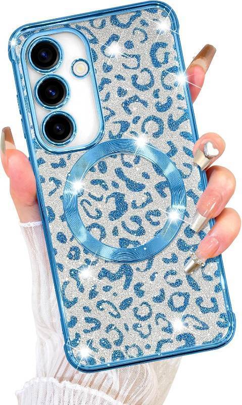 lot 65800 image: Fiyart Designed for Samsung Galaxy S23 FE Case,Compatible with MagSafe Cheetah Print Plating Camera Protection Clear Magnetic Glitter Leopard for Women Girls Phone Bumper 6.4-Blue