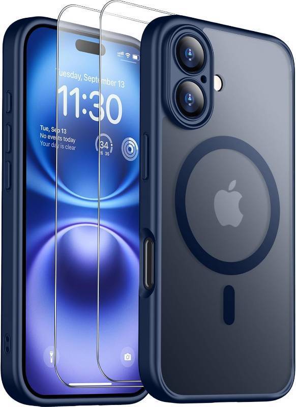 lot 65805 image: SPIDERCASE Magnetic for iPhone 16 Plus Case,with 2 Pcs Tempered Glass Screen Protector Translucent Matte Back Slim Shockproof Protective Phone Case for iPhone 16 Plus 6.7,Cell Phone Holsters, Blue