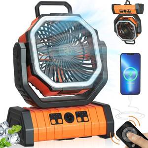 lot 44446 image: NEW Rechargable Camping Fan with 20000mAh Chargable wbattery Power Bank & Remote ORANGE RETAIL $55.00