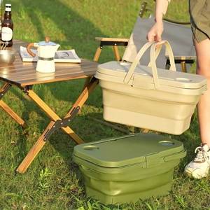 lot 47703 image: NEW Outdoor Camping Portable Collapsible Picnic Basket and Table TAN