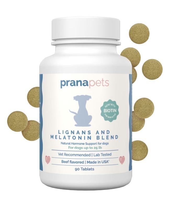 lot 19 image: Prana Pets Lignans & Melatonin with Biotin for Cushings Disease Support for Dogs, 26 lbs, 90 count per bottle (1 bottle)