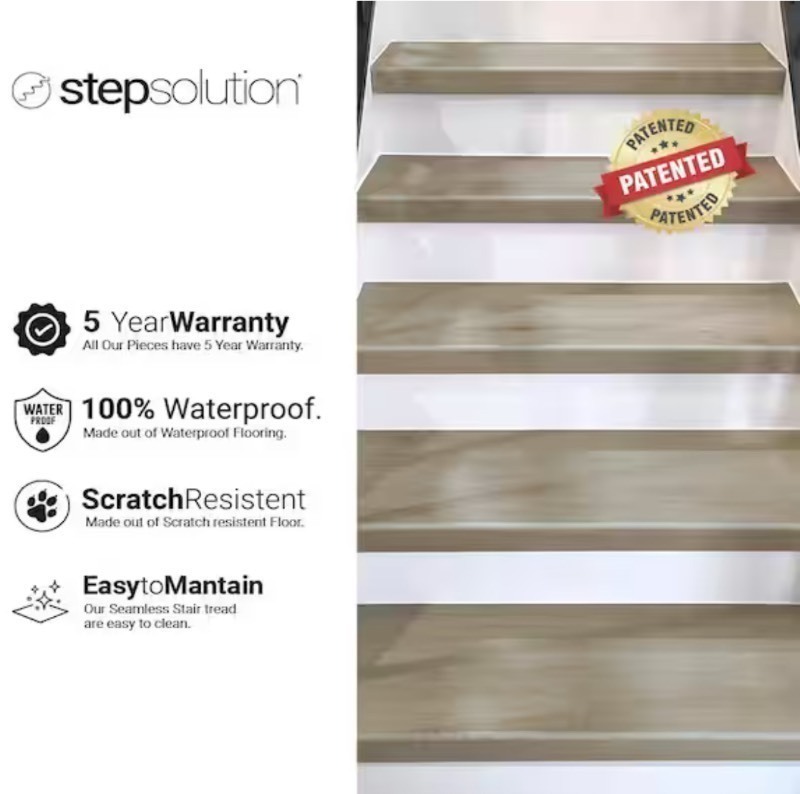 lot 104 image: 2 Packs Sterling Oak Vinyl Stair Tread Square-Exact Match for Lifeproof Floor, 2-Pieces, 46 in. x 6.25 in. x 7 mm T Retails $92