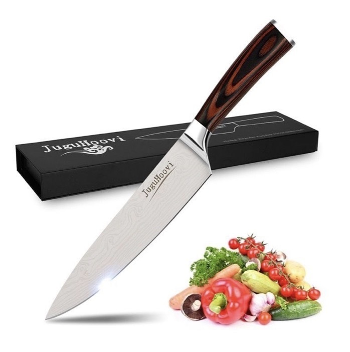 lot 70 image: New JuguHoovi 8 Chefs Kitchen German Stainless Steel Damascus Styled Knife w a Sharpening Stone