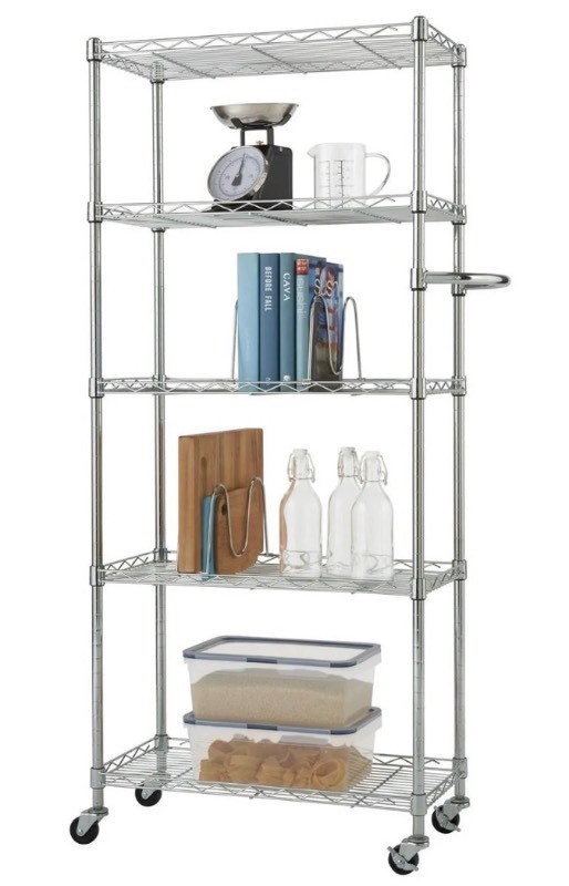 lot 42 image: TRINITY� BASICS EcoStorage�  5-Tier  24x12x55.5  Pantry Rack  NSF  w Wheels  Chrome Retails $115