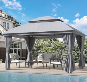 lot 3 image: Outdoor Gazebo 1013 for Patio, Metal Frame Canopy with Double Roofs, Heavy Duty Party Tent with Mosquito Netting and Curtains for Backyard, Garden, Lawn and Deck, Grey