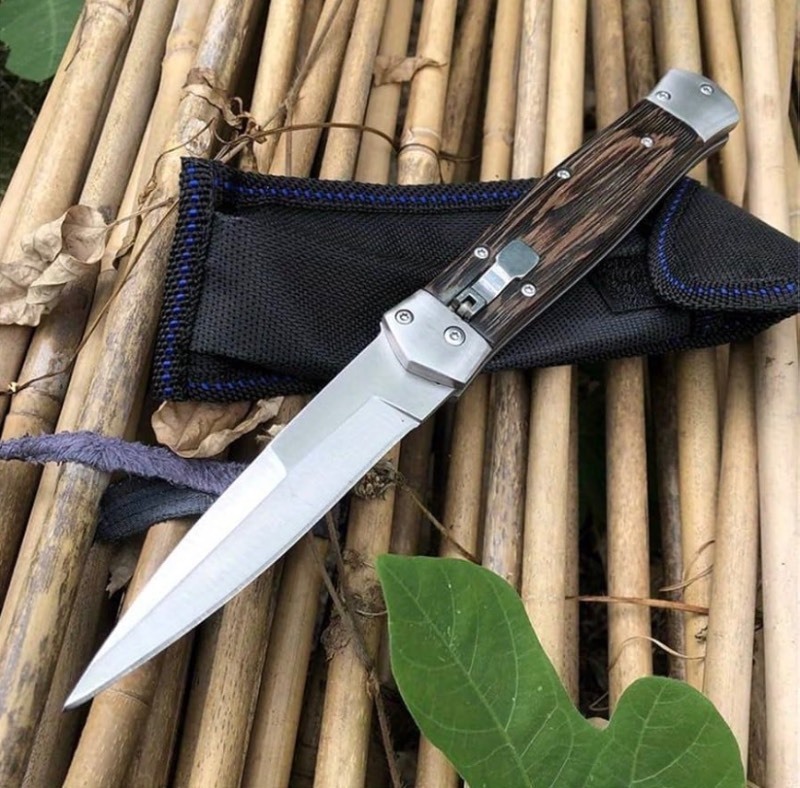 lot 28 image: Manually Operated Button-lock Knife, Folding Pocket knives For Men, 440C Blade, chicken-wing wood handle With Deep Carry Pocket Clip,EDC Outdoor Camping Tool