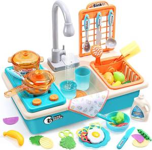 lot 8781 image: CUTE STONE Play Kitchen Sink Toys with Upgraded Real Faucet Cookware & Food