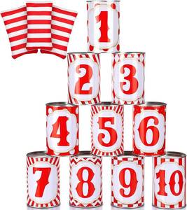 lot 8808 image: 13 Pcs Carnival Can Game Bean Bag Toss with 10 Tin Cans and 3 Bean Bags