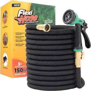 lot 8830 image: Flexi Hose 150ft Expandable Garden Hose with 8-Function Nozzle, 34 Brass