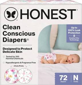 lot 8835 image: The Honest Company Daytime Diapers, Rose Blossom, Size Newborn, 72 Count