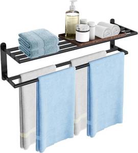lot 8855 image: Double Towel Rack with Shelf, 32-Inch Wall Mounted Stainless Steel Black