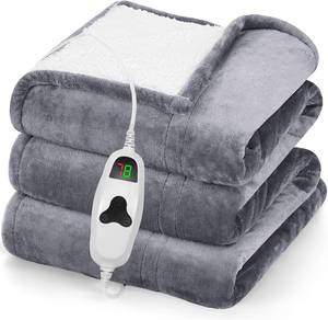 lot 8864 image: greenoak Heated Electric Throw 50x60, 10 Heat, Sherpa Fleece, Misty Grey