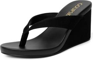 lot 8879 image: Suede Wedge Flip Flops for Women - Open Round Toe Platform Sandals, Slip-On 6