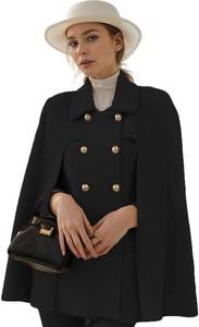lot 8885 image: Womens Poncho Double-Breast Slit-Sleeve Wool Blend Cape Cloak- L