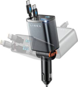 lot 8904 image: LISEN Dual Type-C Retractable Car Charger USB-C Fast Charge 75W 4-in-1