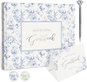 lot 8910 image: Blue Floral Wedding Guest Book, Hardcover, 144 Pages, 9x7 in., with Pen