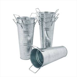 lot 8924 image: GENHAKON 4-Piece 9-Inch Tall Galvanized Flower Buckets with Handles