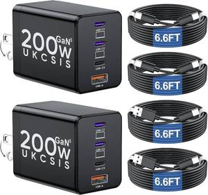 lot 8992 image: 2 Pack 200W USB-C Charger Block, Foldable GaN5 Fast Charger, Type-C for Mac