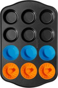 lot 9097 image: Nonstick Muffin Pan with 12 Silicone Cups, Carbon Steel Tin, Foggy Gray