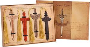 lot 9145 image: 4 Pieces Sword Bookmarks with Tassel, Vintage Wooden Engraved Bookmark Set
