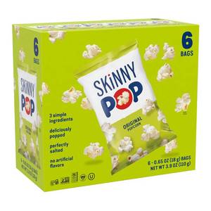 lot 9165 image: SkinnyPop Popcorn, Original, Whole Grain, Dairy-Free Snack, 0.65oz Bags (6ct)
