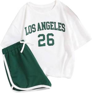 lot 9205 image: Pink Floerns Girls 2-Piece Graphic Print Tee &amp Contrast Binding Track Shorts Set 10y