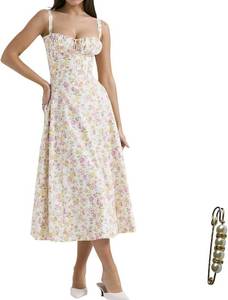 lot 9207 image: Floral Corset Midi Dress, Square Neck, A-Line, Front Tie, Side Slit XL