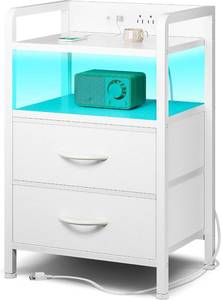 Lazzanto Nightstand with Rear Charging Station, LED Light, 2 Drawers, White