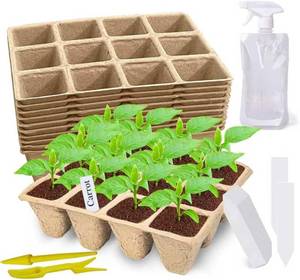 lot 12194 image: 120-Cell Seed Starter Tray, 10 Pack  Biodegradable Peat Pots & 100 Labels