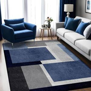 lot 12202 image: Washable Low-Profile Geometric Area Rug, 0.2 in, 5x7 ft Blue Grey, Non-Slip
