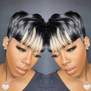 lot 12222 image: Pixie Cut Wig, Human Hair, 1B60, Short Layered Pixie, Lace Front, Glueless