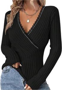 lot 12236 image: SweatyRocks Womens Wrap V-Neck Lace Rhinestone Trim Ribbed Knit Top small