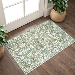 lot 12302 image: Vintage Washable Entryway Rug 2x3, Non-Slip Door Mat, Sage GreenBeige