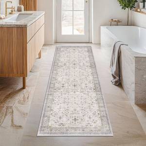 lot 12303 image: Washable Neutral 3x5 Bathroom Runner Rug, Light Gray & Sage Geometric