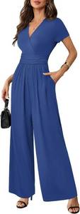 lot 12310 image: LOOKBOHO Women Jumpsuits Casual Short Sleeve Wide-Leg Rompers Pockets XL