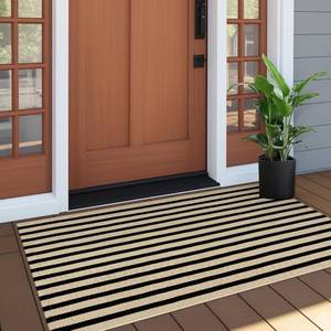 lot 12317 image: Outdoor Porch Rug 24x50, Black and Tan Striped Washable Mat for Front Door