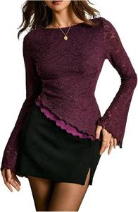 lot 12334 image: Verdusa Womens Asymmetrical Y2K Lace Bell Sleeve Top, Sheer & Fitted Large