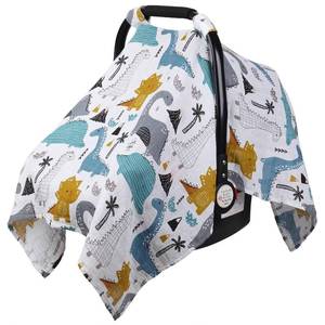 lot 12336 image: Rquite Car Seat Cover Baby Boy, Muslin Cotton, Breathable Canopy, Dinosaur