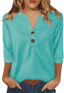 lot 12339 image: Dimur Womens 34 Sleeve V-Neck Button-Down Shirt, Lightweight, Loose Fit Large