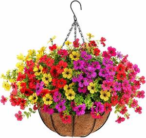 lot 12357 image: Artificial Hanging Basket, 12 Pcs Mixed Mums, UV-Resistant