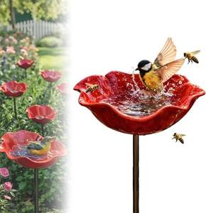 lot 12413 image: Metal Flower Garden Stakes Bird Bath, Handmade Bee Waterer with Flower Design