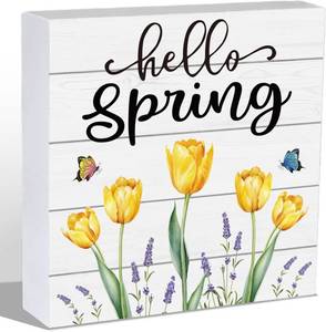 lot 12446 image: Spring Table Decor Tulips Wood Box Sign Rustic Shelf Desk 5.9 x 5.9 Inch