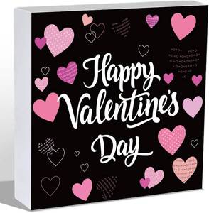 lot 12448 image: Valentines Day Wooden Sign 5.9 x 5.9 in Indoor Hearts Pink Desk Decor Black
