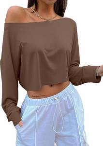 lot 12482 image: Avanova Women Off-Shoulder Boat Neck Crop Top, Long Sleeves, Brown, Small